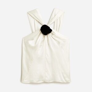 J. Crew Collection Silk Satin Y2K Halter Top Velvet Rose Detail Ivory/White XS